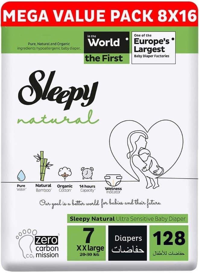 Sleepy Natural Size 7, 128 Count, 20-30Kg Hypoallergenic Baby Dry Diapers, Organic Cotton, Highly Absorbent, 8X16 Bamboo Extract, Ultimate Comfort And Dryness, 100% Leakage Protection  - Image 1