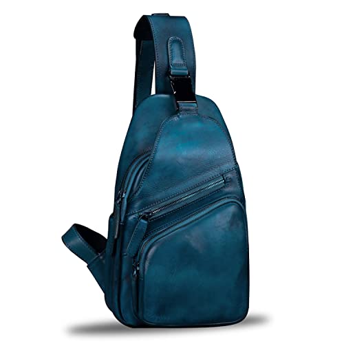 IVTG Genuine Leather Sling Bags Chest Shoulder Hiking Backpack Vintage Handmade Crossbody Daypack(NavyBlue) Medium - Image 1