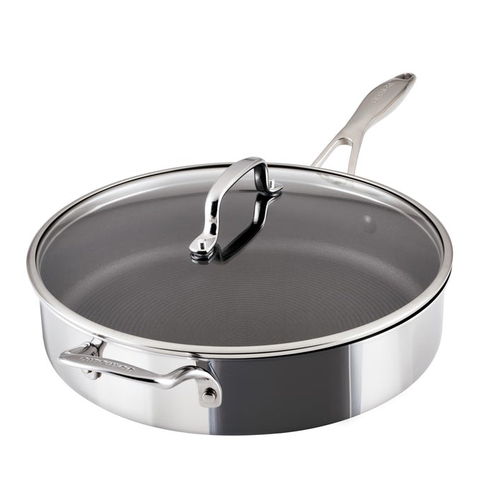 C1 SERIES CLAD STAINLESS STEEL WITH SCRATCHDEFENSE TECHNOLOGY COOKWARE NONSTICK INDUCTION SAUTE PAN WITH LID AND HELPER HANDLE METAL UTENSIL SAFE 5 QUART POLISHED STAINLESS STEEL