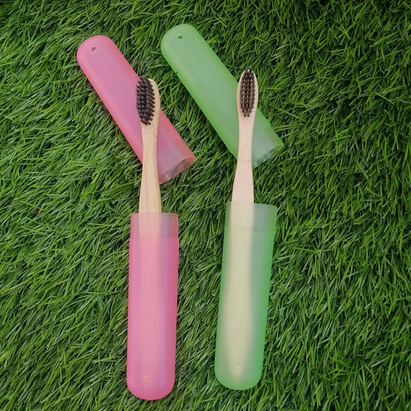 Adult Flat Handle Activated Soft Bristles Bamboo Manual Toothbrush Family Pack With Plastic Boxes (Pack Of 2),Multicolour - Image 1