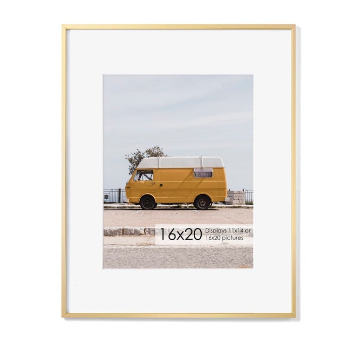 16X20 METAL PICTURE FRAME WITH 11X14 MAT BRUSHED ALUMINUM FINISH TEMPERED GLASS FRONT AND ATTACHED HANGING HARDWAREGOLD PACK OF 1