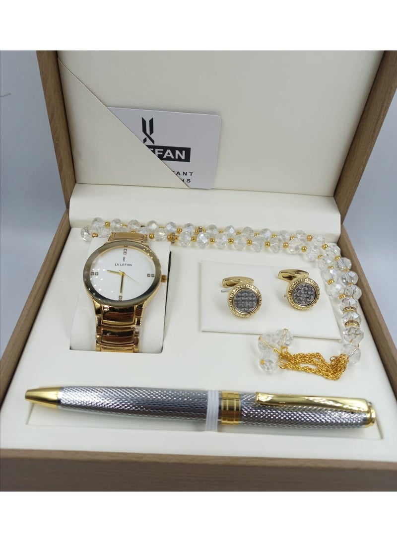 ANEMAR MAN A high-quality, elegant men's gift set including a watch, pen, prayer beads, cufflinks, and a gold bracelet with a white dial.