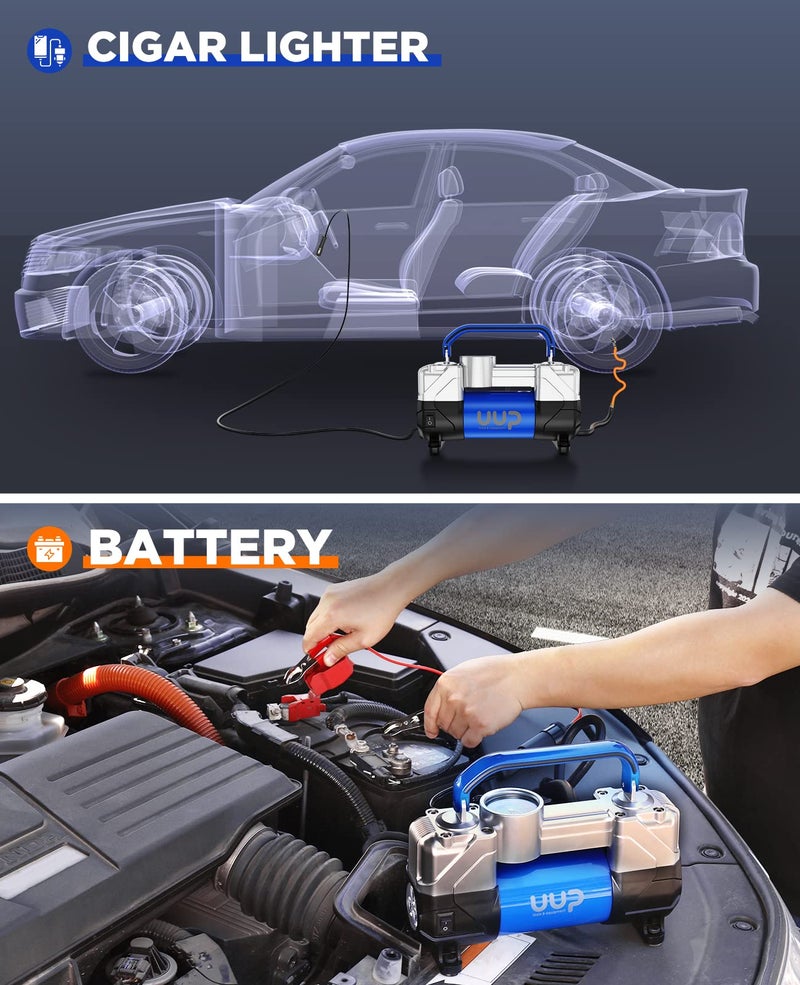 UUP Tire Inflator Air Compressor, 150PSI 12V DC Double Cylinders Heavy Duty Portable Air Pump w/Emergency LED Light for Truck, SUV, Car, RV - Image 3