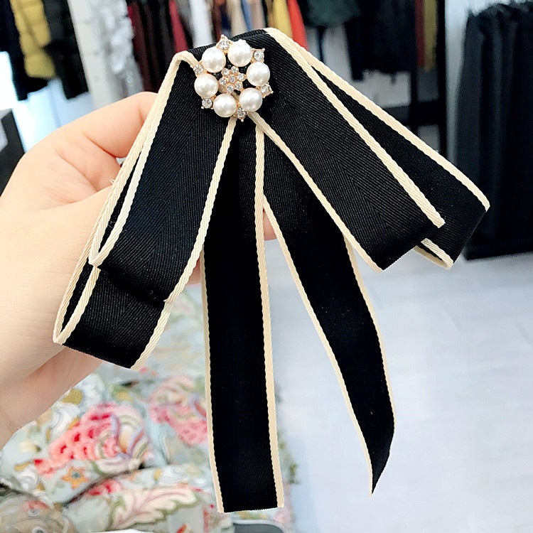 New preppy style ribbon striped pearl rhinestone accessories bow pin shirt large bow tie collar flower female collar pin Black
