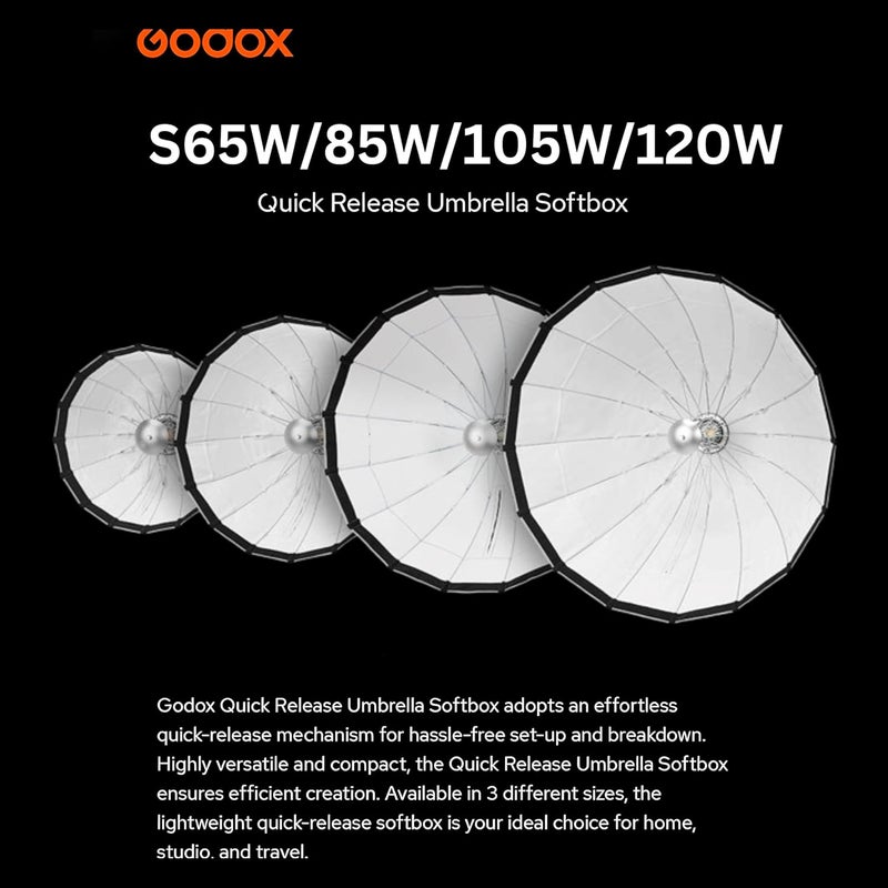 Godox S65W B/W 65cm/25.6in Quick Release Umbrella Softbox with Grid | Professional Foldable Softbox with Standard Bowen Mount & Diffusers for Photography Studio Photography - Image 2