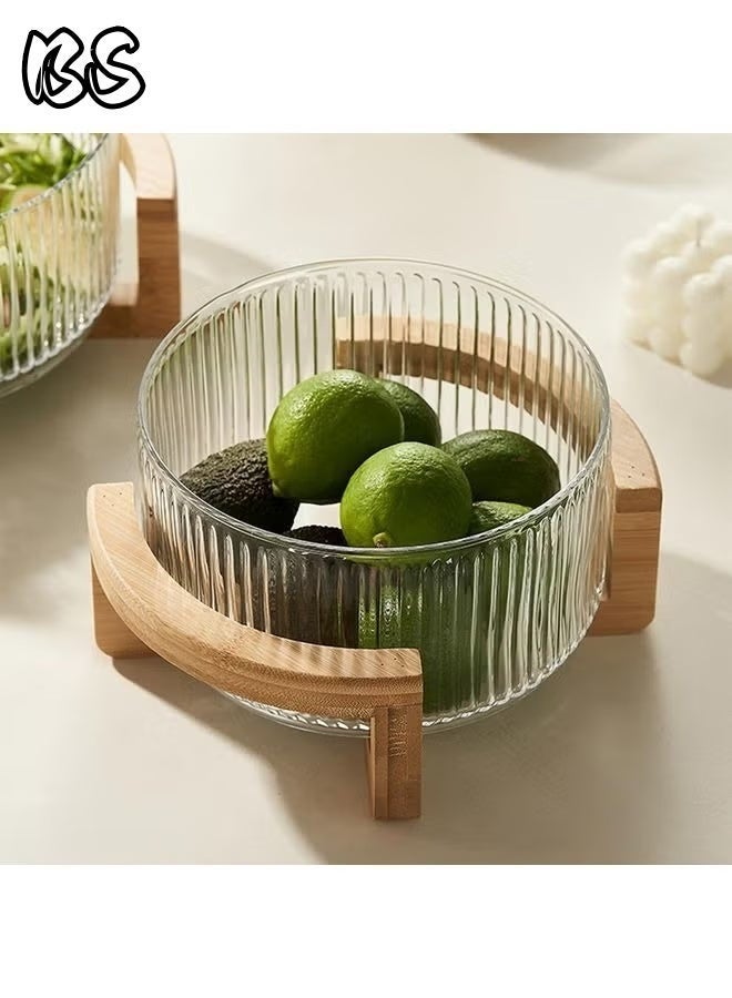 BS Ribbed Glass Salad Bowl with Wooden Stand – Large Mixing Bowl for Serving Salad, Fruits, Pasta & Desserts – Elegant Glass Serving Bowl with Natural Bamboo Holder – Modern Kitchen & Dining Tableware - Image 3