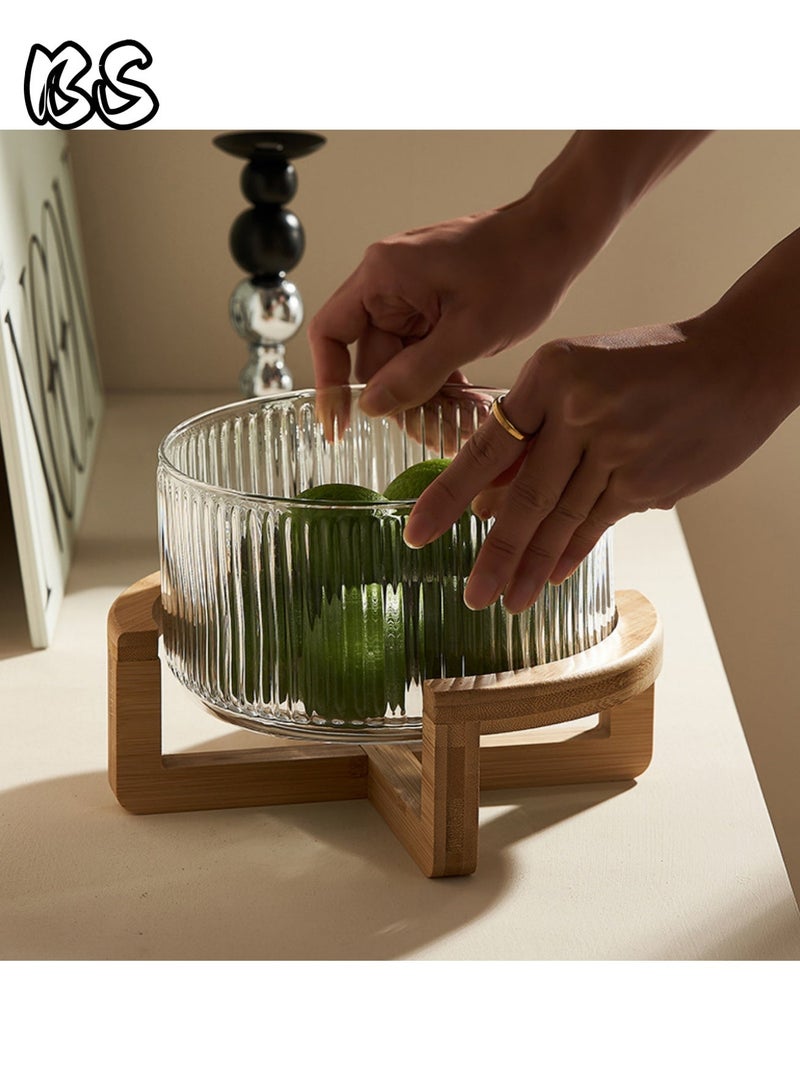 BS Ribbed Glass Salad Bowl with Wooden Stand – Large Mixing Bowl for Serving Salad, Fruits, Pasta & Desserts – Elegant Glass Serving Bowl with Natural Bamboo Holder – Modern Kitchen & Dining Tableware - Image 4
