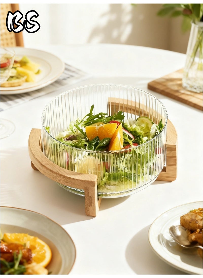 BS Ribbed Glass Salad Bowl with Wooden Stand – Large Mixing Bowl for Serving Salad, Fruits, Pasta & Desserts – Elegant Glass Serving Bowl with Natural Bamboo Holder – Modern Kitchen & Dining Tableware - Image 1