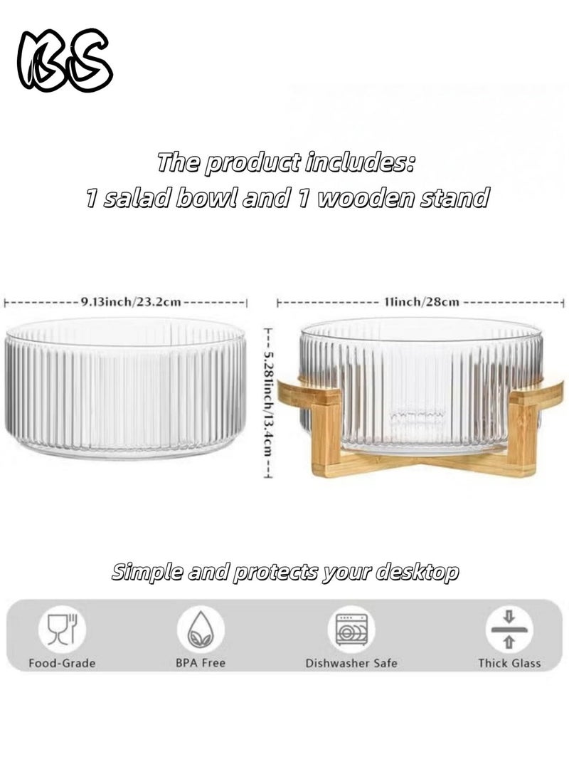 BS Ribbed Glass Salad Bowl with Wooden Stand – Large Mixing Bowl for Serving Salad, Fruits, Pasta & Desserts – Elegant Glass Serving Bowl with Natural Bamboo Holder – Modern Kitchen & Dining Tableware - Image 2
