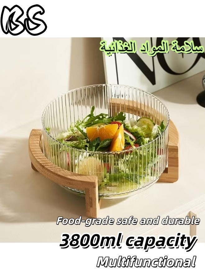 بي إس وعاء سلطة زجاجي مضلع سعة 3800 مل بقاعدة خشبية | صحن سلطه|مقاوم للصدمات ومتين، آمن للغسل في غسالة الأطباق | وعاء خلط كبير، مثالي للفواكه والخضراوات والسلطات والمعكرونة والحلويات | – وعاء زجاجي أنيق بقاعدة من الخيزران الطبيعي – أدوات مطبخ ومائدة عصرية - Image 1