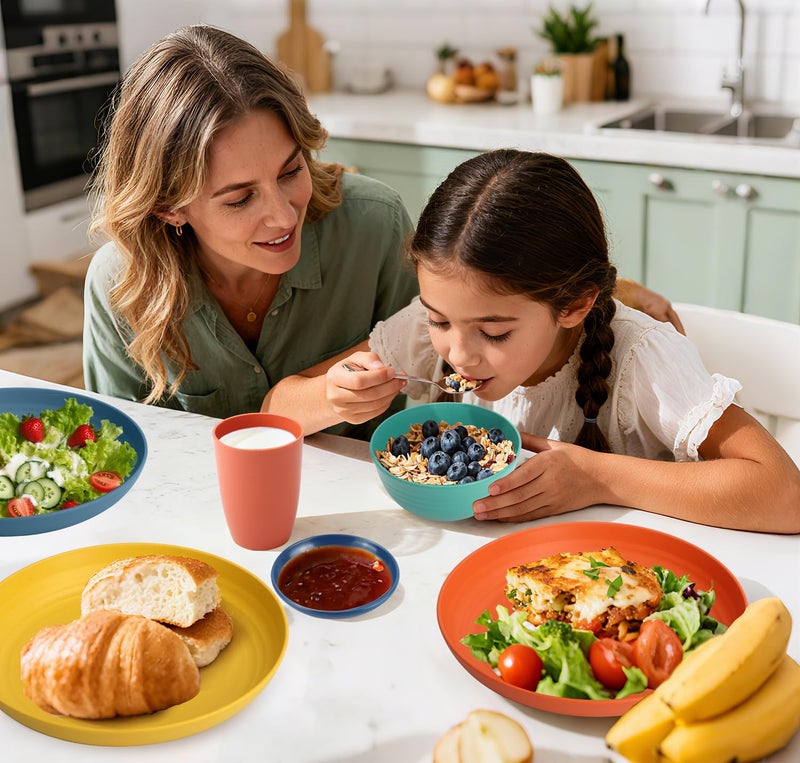 Perlapoc Wheat Straw Dinnerware Sets, Unbreakable Plates and Bowls Sets of 16, Kids Dinnerware Set Sevice for 4, Dishwasher & Microwave Safe Dish Set for Kitchen, Outdoor, Camping - Multi - Image 2