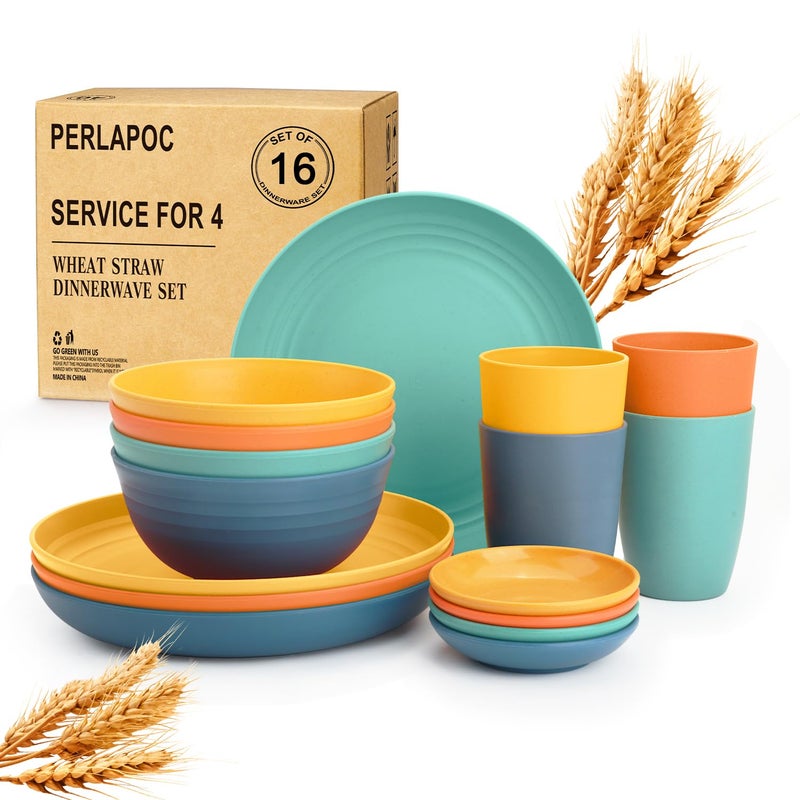 Perlapoc Wheat Straw Dinnerware Sets, Unbreakable Plates and Bowls Sets of 16, Kids Dinnerware Set Sevice for 4, Dishwasher & Microwave Safe Dish Set for Kitchen, Outdoor, Camping - Multi - Image 1