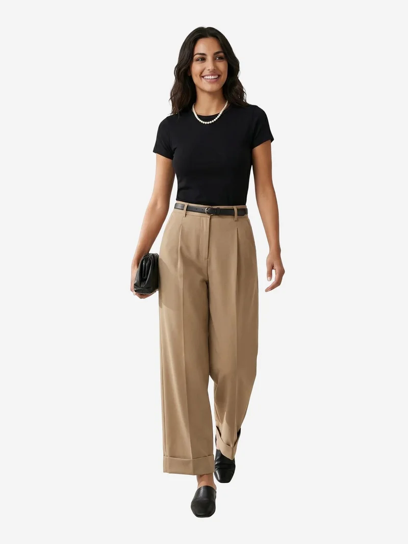 MY FASHION MY FASHION Belted Turnup Leg Pleated Trousers