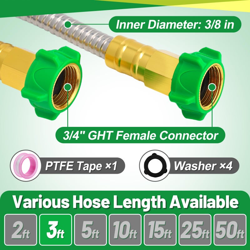 Beeplove 3ft Short Garden Hose with Female to Female Connector - Metal Leakproof Leader Hose for Hose Reel, Heavy Duty 304 Stainless Steel Flexible Hose for Outdoor Garden Watering Car Pet Cleaning - Image 5