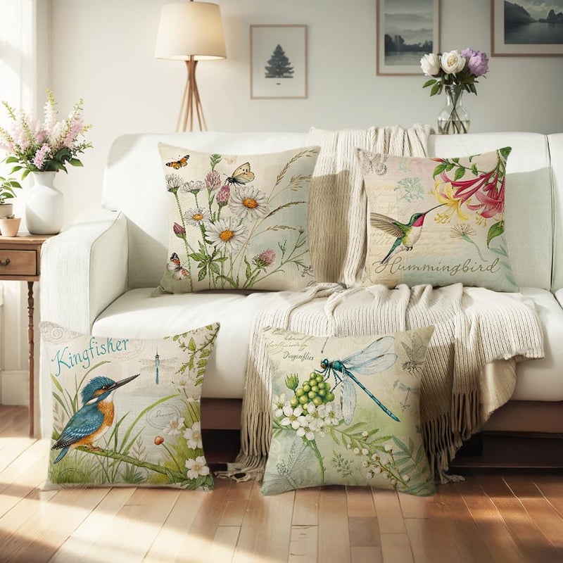 wyooxoo Throw Pillow Covers 18x18 Set of 4 Spring Summer Pillow Covers Flower Bird Farmhouse Outdoor Decorative Cushion Case for Sofa Couch Living Room - Image 3