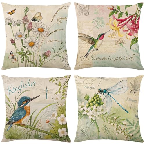 wyooxoo Throw Pillow Covers 18x18 Set of 4 Spring Summer Pillow Covers Flower Bird Farmhouse Outdoor Decorative Cushion Case for Sofa Couch Living Room - Image 1