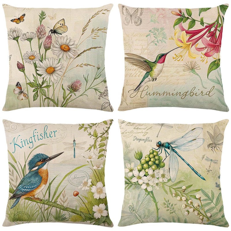 wyooxoo Throw Pillow Covers 18x18 Set of 4 Spring Summer Pillow Covers Flower Bird Farmhouse Outdoor Decorative Cushion Case for Sofa Couch Living Room - Image 2
