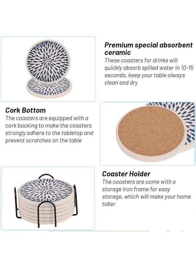 Urbane Home Urbane Home Set of 6 Diatomite Coaster with Cork Steel Holder Stand for Hot Pots - Water Absorbent Tea Cup & Water Glass Cover Top Lid | Blue Drops - White  - Image 5
