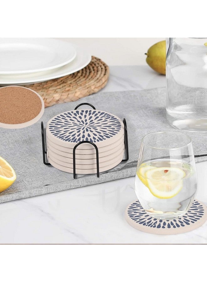 Urbane Home Urbane Home Set of 6 Diatomite Coaster with Cork Steel Holder Stand for Hot Pots - Water Absorbent Tea Cup & Water Glass Cover Top Lid | Blue Drops - White  - Image 3