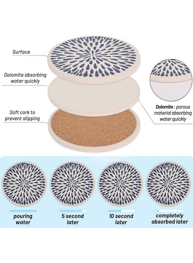 Urbane Home Urbane Home Set of 6 Diatomite Coaster with Cork Steel Holder Stand for Hot Pots - Water Absorbent Tea Cup & Water Glass Cover Top Lid | Blue Drops - White  - Image 4
