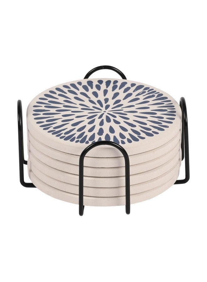 Urbane Home Urbane Home Set of 6 Diatomite Coaster with Cork Steel Holder Stand for Hot Pots - Water Absorbent Tea Cup & Water Glass Cover Top Lid | Blue Drops - White  - Image 2