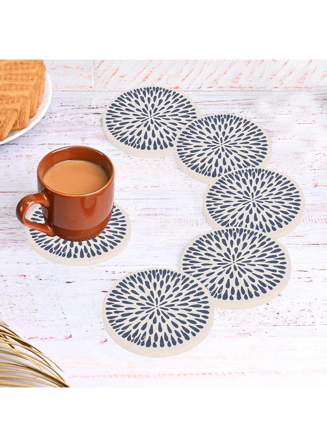Urbane Home Urbane Home Set of 6 Diatomite Coaster with Cork Steel Holder Stand for Hot Pots - Water Absorbent Tea Cup & Water Glass Cover Top Lid | Blue Drops - White  - Image 1