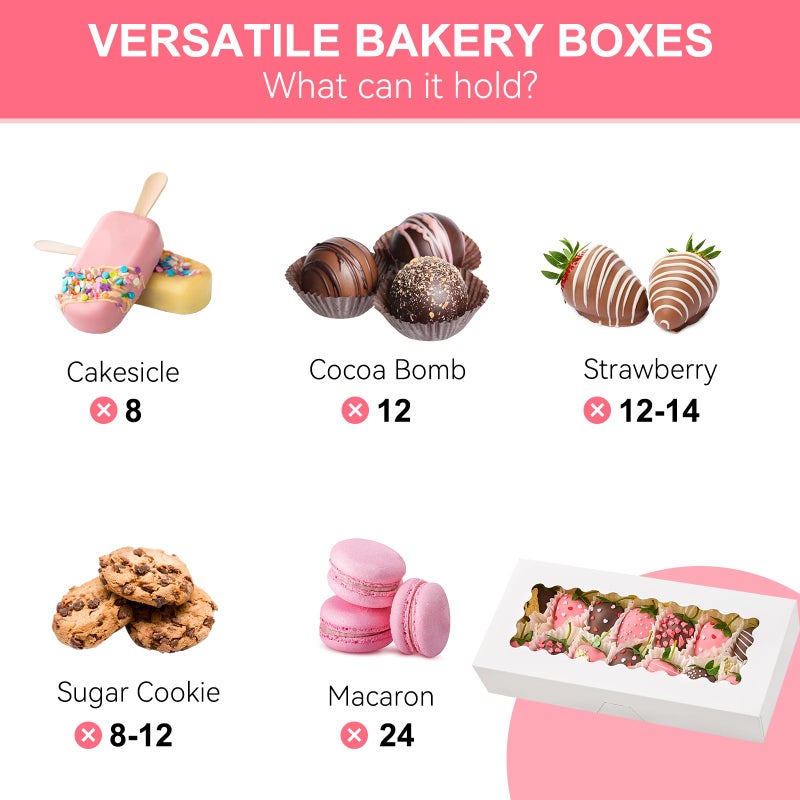 Kucoele 20 PCS Cookie Boxes with Window, 12.5 x 5.5 x 2.5 Inches Bakery Boxes Auto-Popup Treat Boxes for Chocolate Covered Strawberries, Hot Cocoa Bombs, Pastries, Donuts, Muffins - Image 4