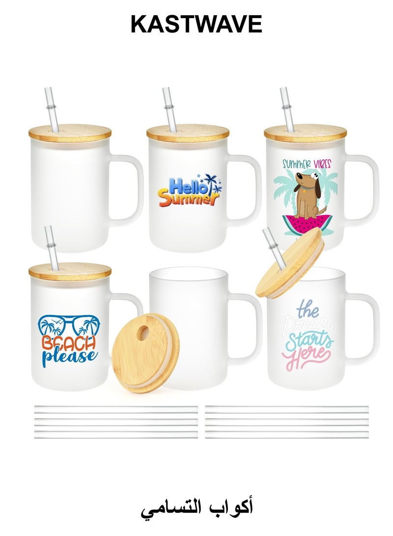 KASTWAVE 6 Pack Sublimation Glass Blanks with Bamboo Lid and Glass Straw, 17oz Frosted Sublimation Can with Handle, Sublimation Glass Cups, Sublimation Glass Tumblers for DIY Craft (480ml) - Image 1