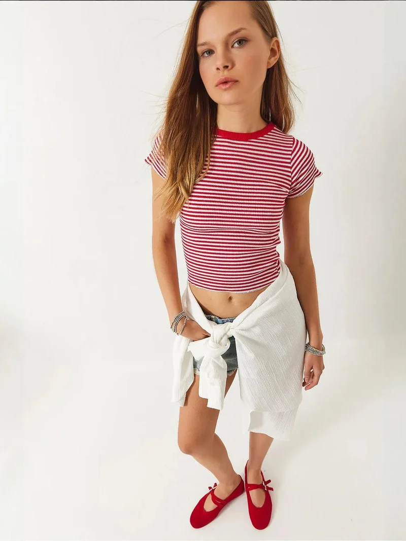 Bianco Lucci LUCCI Striped Ribbed Crop Top with Crew Neck