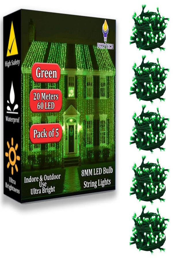 fizzytech 20 Meter 60 LEDs 8MM Decorative String Light | LED Fairy Light for Diwali, Christmas, Weddings & Home Decoration | Polycarbonate, (60 LED 8MM Green, Pack of 5) - Image 1