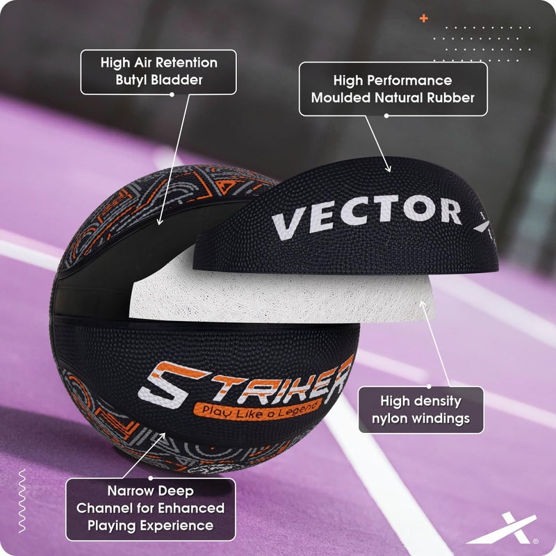 فيكتور أكس كرة سلة VECTOR X Striker مطاطية مصبوبة، 8 ألواح، للاستخدام الداخلي والخارجي، للرجال والشباب، مقاس 7 | أسود برتقالي - Image 2