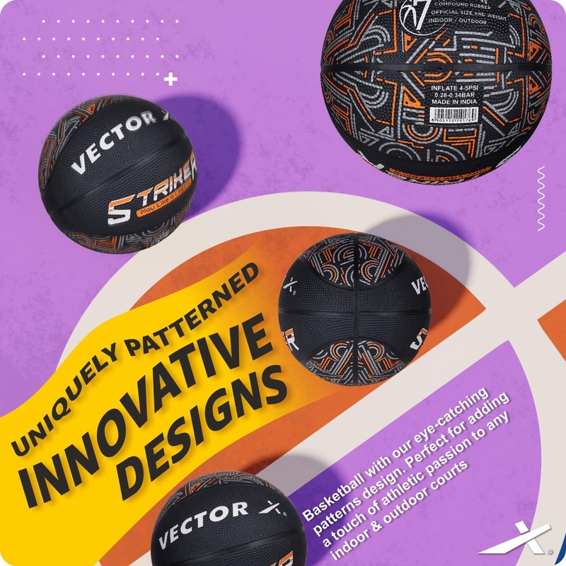 فيكتور أكس كرة سلة VECTOR X Striker مطاطية مصبوبة، 8 ألواح، للاستخدام الداخلي والخارجي، للرجال والشباب، مقاس 7 | أسود برتقالي - Image 5