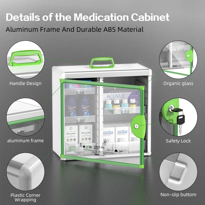 Glosen Medicine Cabinet Locking Medicine Cabinet Wall Mountedã€ Green 13.6 x 13.4 x 6.5 Inch ã€‘ Portable Storage Container Big Capacity - Image 3