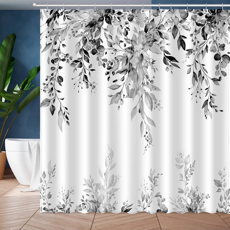 JWXCBIM Dark Gray Eucalyptus Leaves Shower Curtain, Aesthetic Art Watercolor Plant Floral Leaf Bathroom Decor, Waterproof Fabric Bath Curtain Set with Hooks 72x72 Inches - Image 1