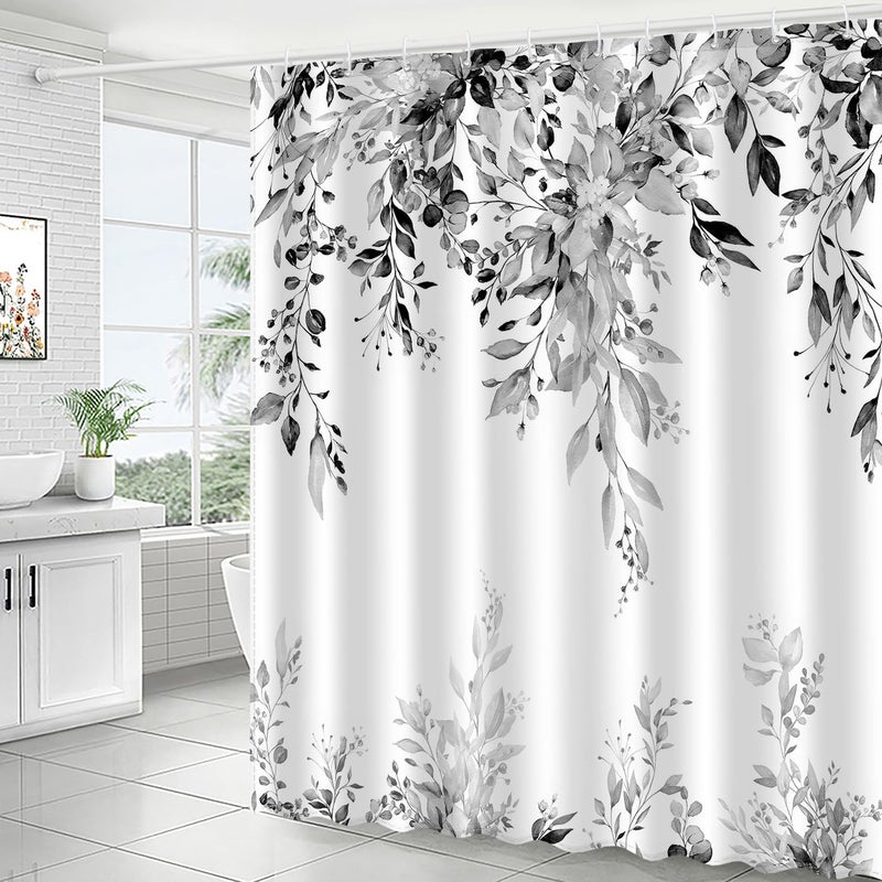JWXCBIM Dark Gray Eucalyptus Leaves Shower Curtain, Aesthetic Art Watercolor Plant Floral Leaf Bathroom Decor, Waterproof Fabric Bath Curtain Set with Hooks 72x72 Inches - Image 2