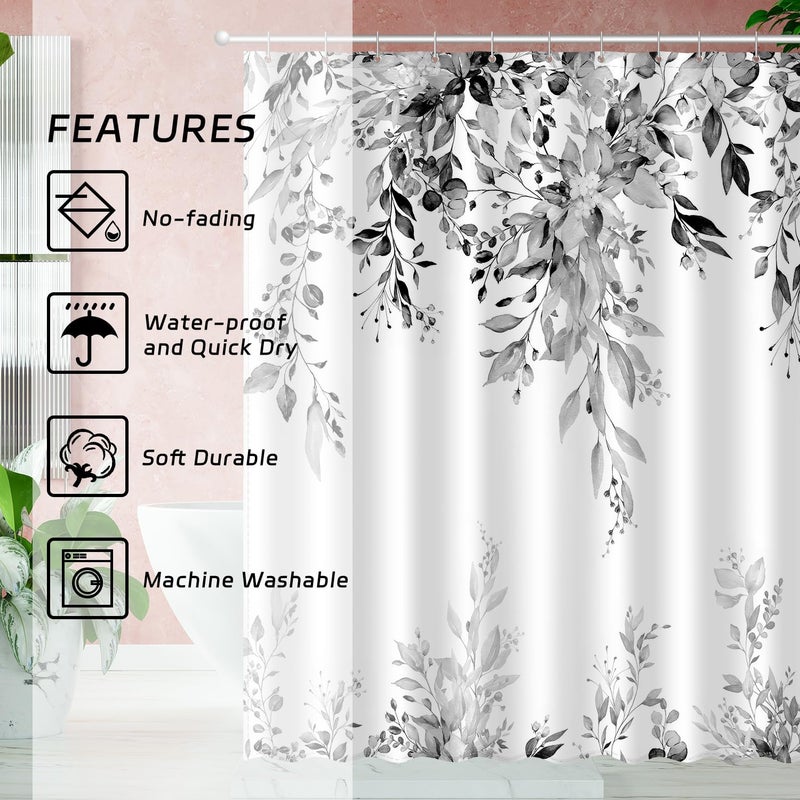 JWXCBIM Dark Gray Eucalyptus Leaves Shower Curtain, Aesthetic Art Watercolor Plant Floral Leaf Bathroom Decor, Waterproof Fabric Bath Curtain Set with Hooks 72x72 Inches - Image 3