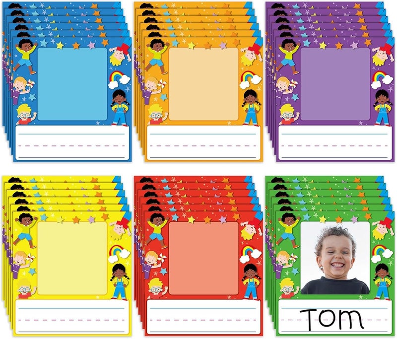PINKE Kids Name Tags, Kids Photo Nameplate, Adhesive Names Tags, with Photo Space and Writing line for Names, for Desk, Classroom, locker and School Supplies, 36 Pcs - Image 1