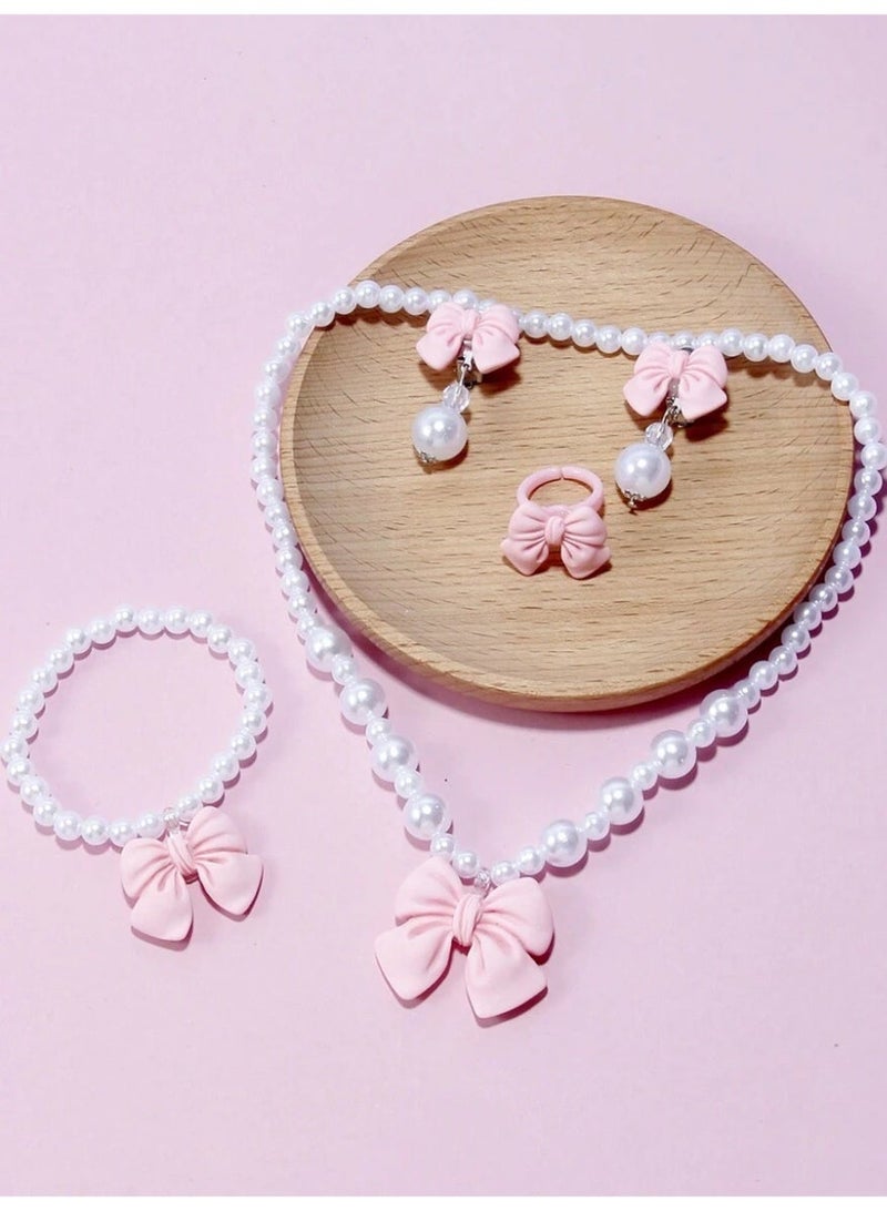 KHAJUL 4 Pieces Kids Pearl Jewelry Set, Pink Bow Necklace Bracelet Earrings Ring for Girls, Lightweight Resin Toddler Jewelry Gift for Birthday - Image 4