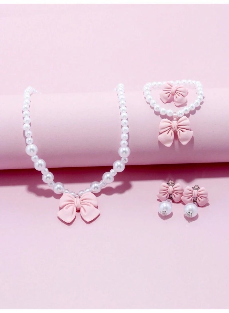 KHAJUL 4 Pieces Kids Pearl Jewelry Set, Pink Bow Necklace Bracelet Earrings Ring for Girls, Lightweight Resin Toddler Jewelry Gift for Birthday - Image 5