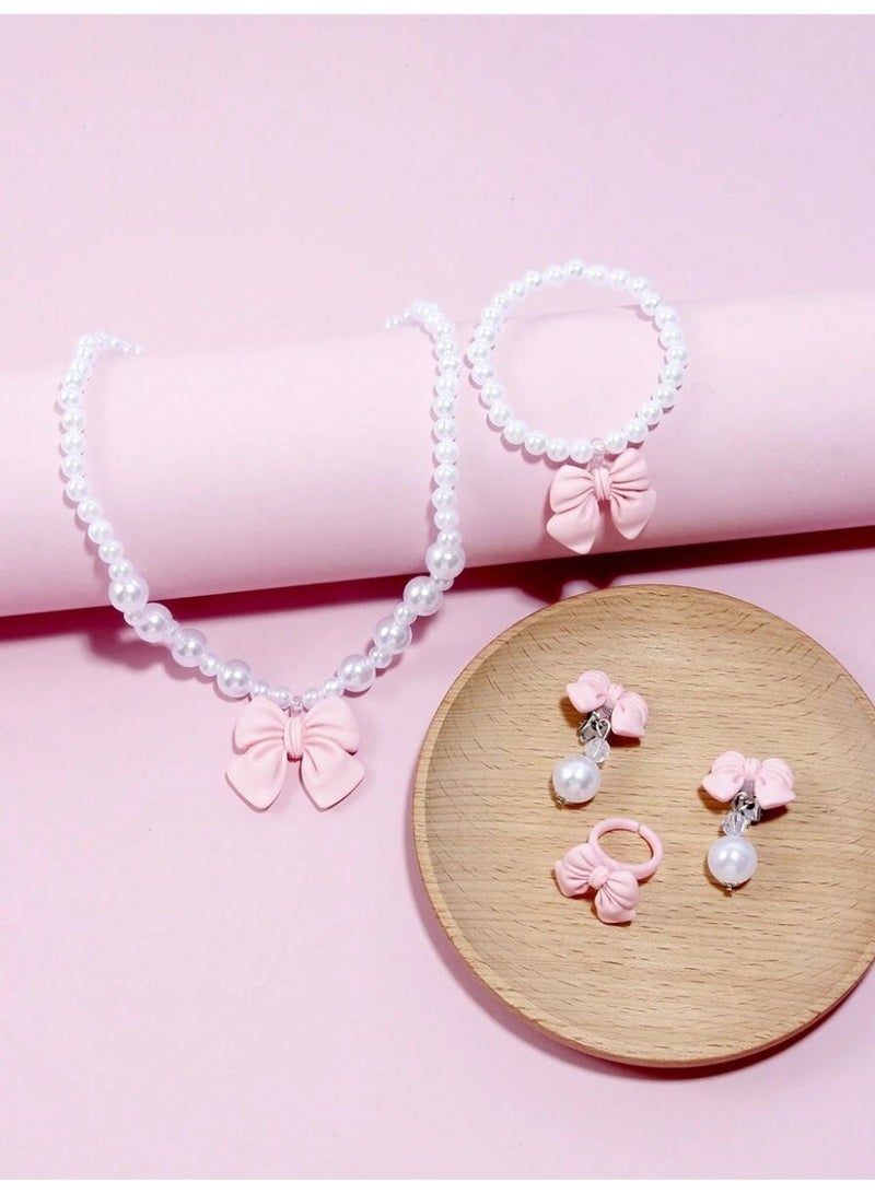 KHAJUL 4 Pieces Kids Pearl Jewelry Set, Pink Bow Necklace Bracelet Earrings Ring for Girls, Lightweight Resin Toddler Jewelry Gift for Birthday - Image 3