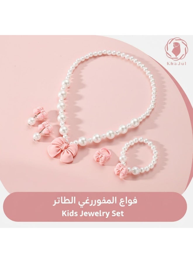 KHAJUL 4 Pieces Kids Pearl Jewelry Set, Pink Bow Necklace Bracelet Earrings Ring for Girls, Lightweight Resin Toddler Jewelry Gift for Birthday - Image 1
