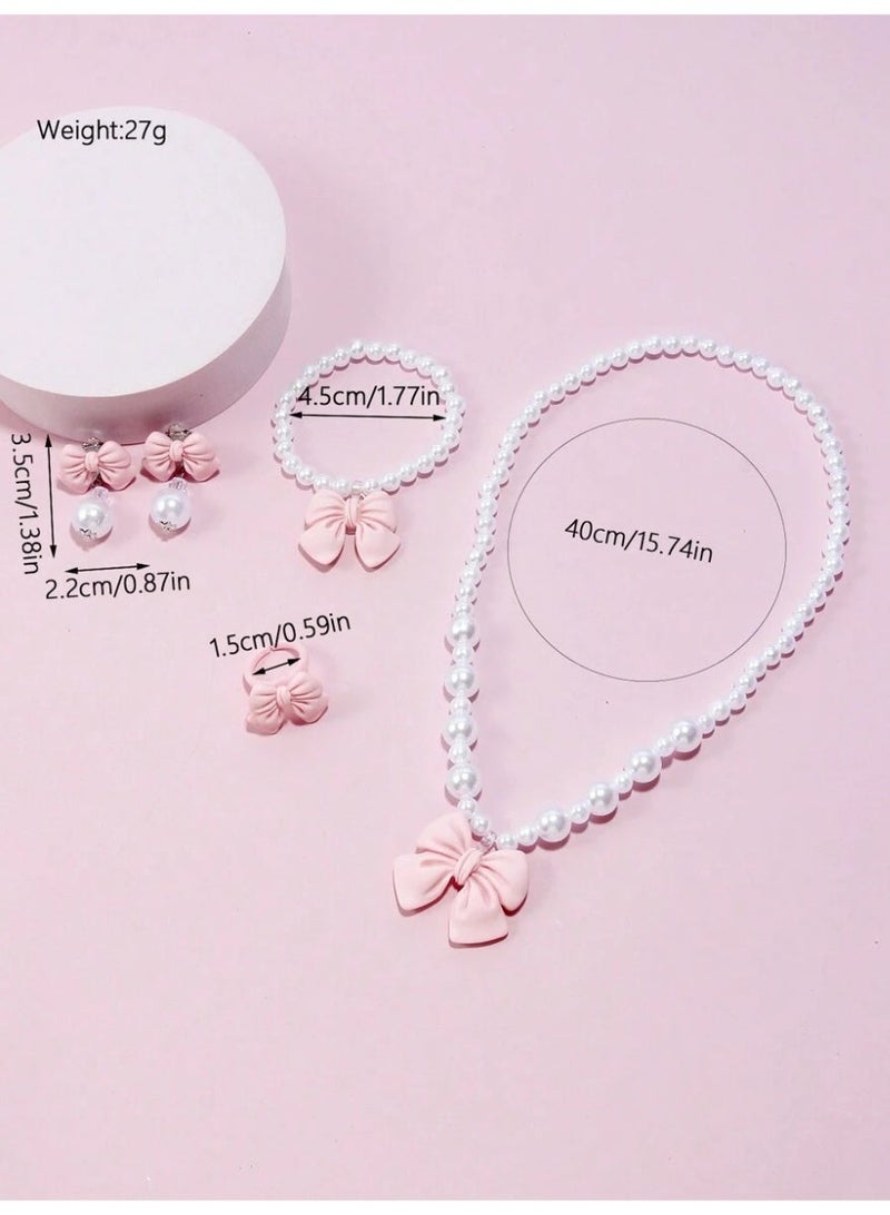 KHAJUL 4 Pieces Kids Pearl Jewelry Set, Pink Bow Necklace Bracelet Earrings Ring for Girls, Lightweight Resin Toddler Jewelry Gift for Birthday - Image 2