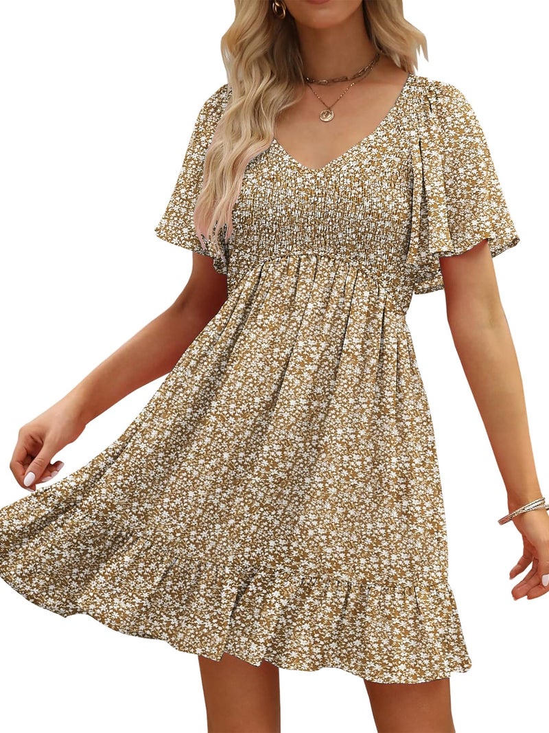 UEAL Modest Dresses for Women Short Casual Summer Boho Dresses for Women Sundresses Small Khaki Floral A - Image 1