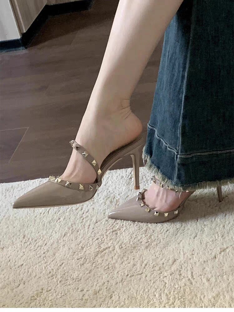 Women's Studded Pointed Toe High Heel Sandals 2025 Summer Slim Heel Ankle Strap Dress Shoes