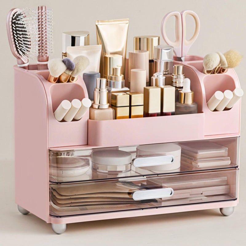 HBlife Makeup Organizer for Vanity with Brush Holder Large Bathroom Countertop Cosmetic Organizer Skin Care Storage Easy to Store Lipsticks Nail Polishes Perfumes Eyeshadow Palettes Pink - Image 2