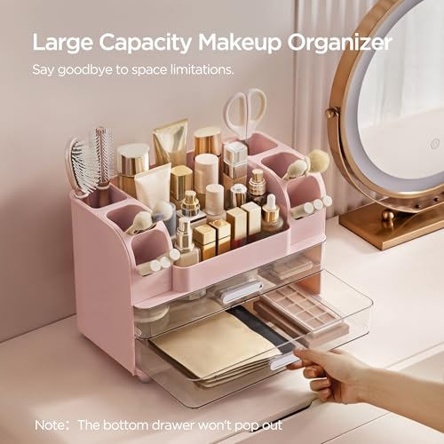HBlife Makeup Organizer for Vanity with Brush Holder Large Bathroom Countertop Cosmetic Organizer Skin Care Storage Easy to Store Lipsticks Nail Polishes Perfumes Eyeshadow Palettes Pink - Image 3