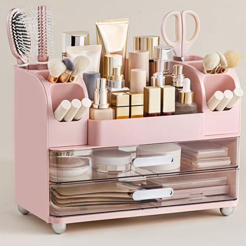 HBlife Makeup Organizer for Vanity with Brush Holder Large Bathroom Countertop Cosmetic Organizer Skin Care Storage Easy to Store Lipsticks Nail Polishes Perfumes Eyeshadow Palettes Pink - Image 1