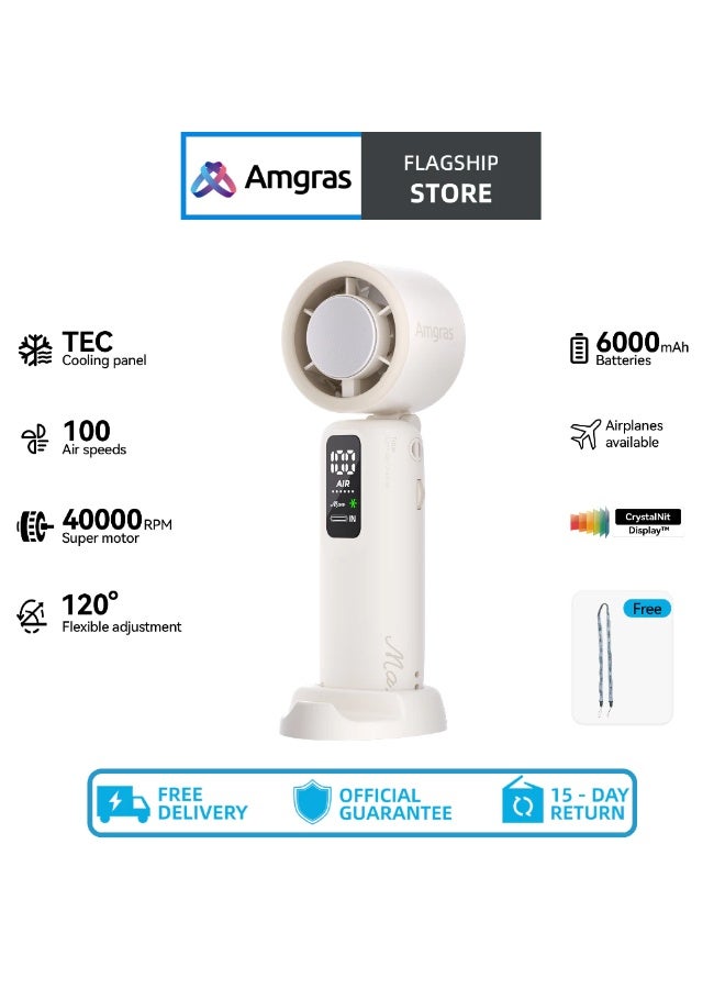 Amgras MetaHeld Fan Max Portable Handheld Fan Glacier White, Ultra-High Speed Turbo Cooling Fan with 100-Speed Adjustment, Foldable Design & 6000mAh Battery