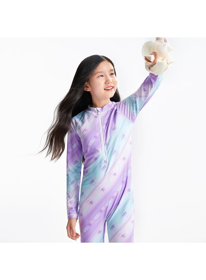 Annil Girls' Long Sleeve Jumpsuit Set Summer New Slim Fit Purple Floral 160 - Image 2