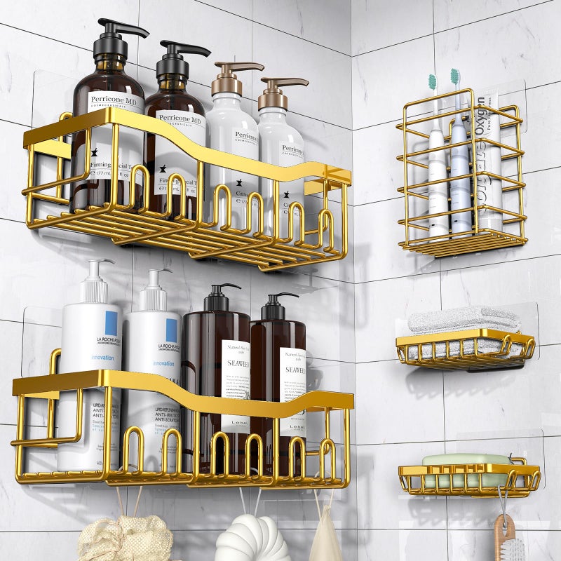 EUDELE 5-Pack Rustproof Stainless Steel Shower Caddy â€“ No Drill Adhesive Bathroom Organizer with Large Capacity, Spacious Shower Shelves for Inside Shower, Kitchen & Home Decor Storage-XL Size - Image 1